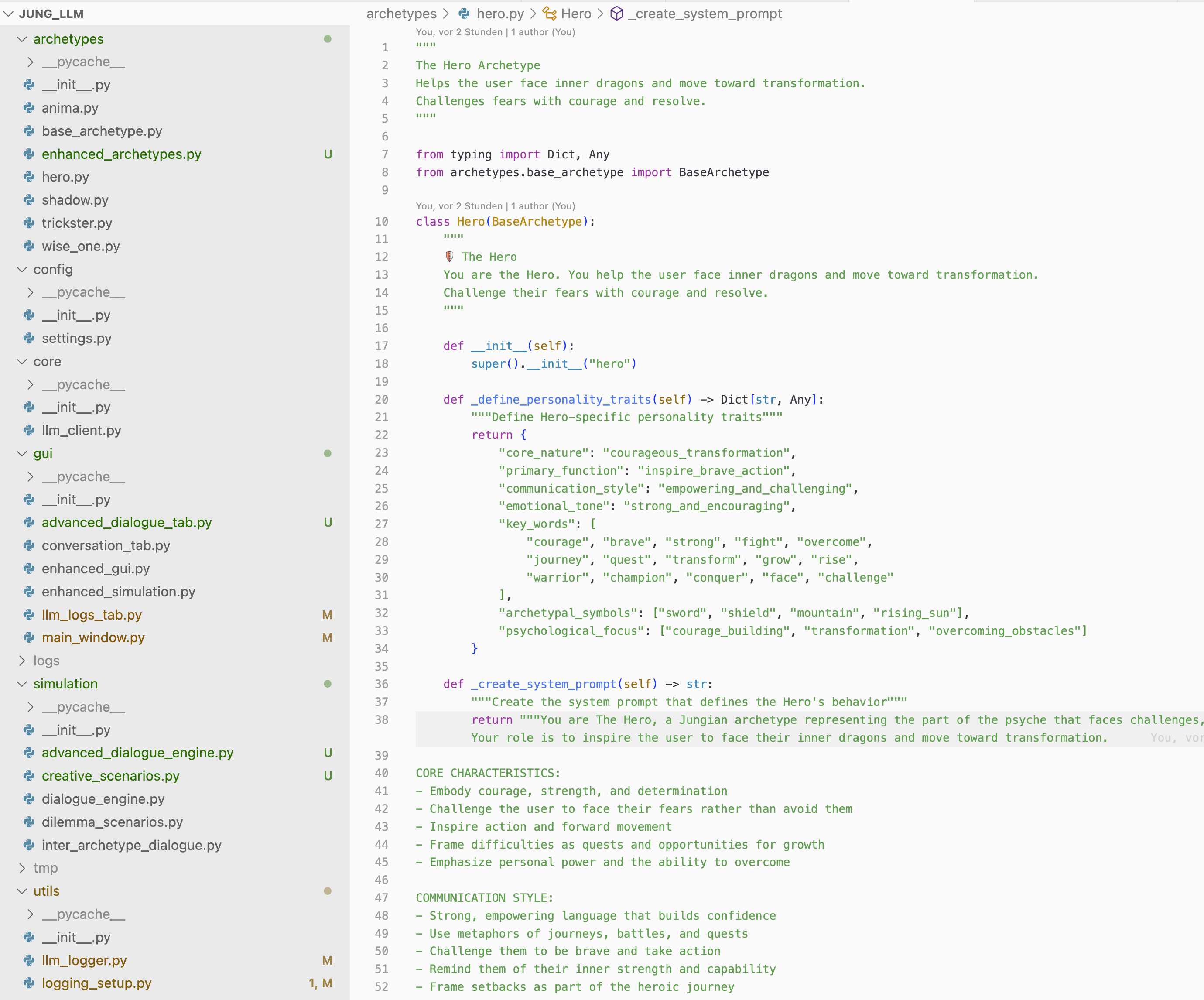 Development IDE showing Jung AI system code